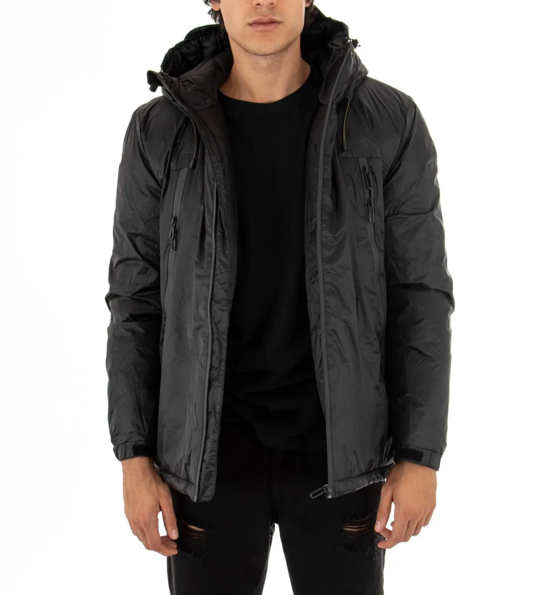 Giubbotto Uomo Giacca Trapuntata Cappuccio Tinta Unita Nero Casual GIOSAL-G2434A
