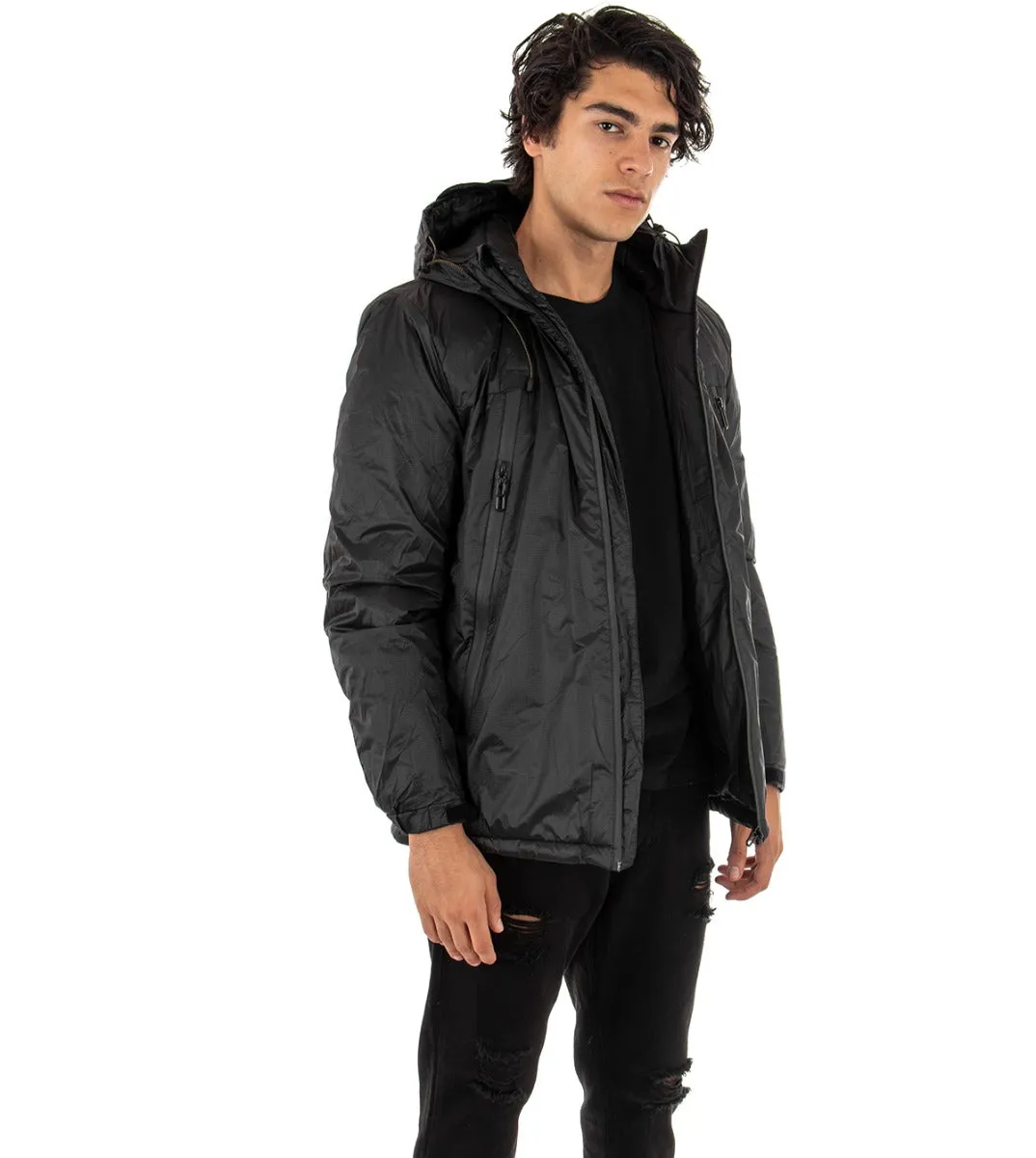 Giubbotto Uomo Giacca Trapuntata Cappuccio Tinta Unita Nero Casual GIOSAL-G2434A