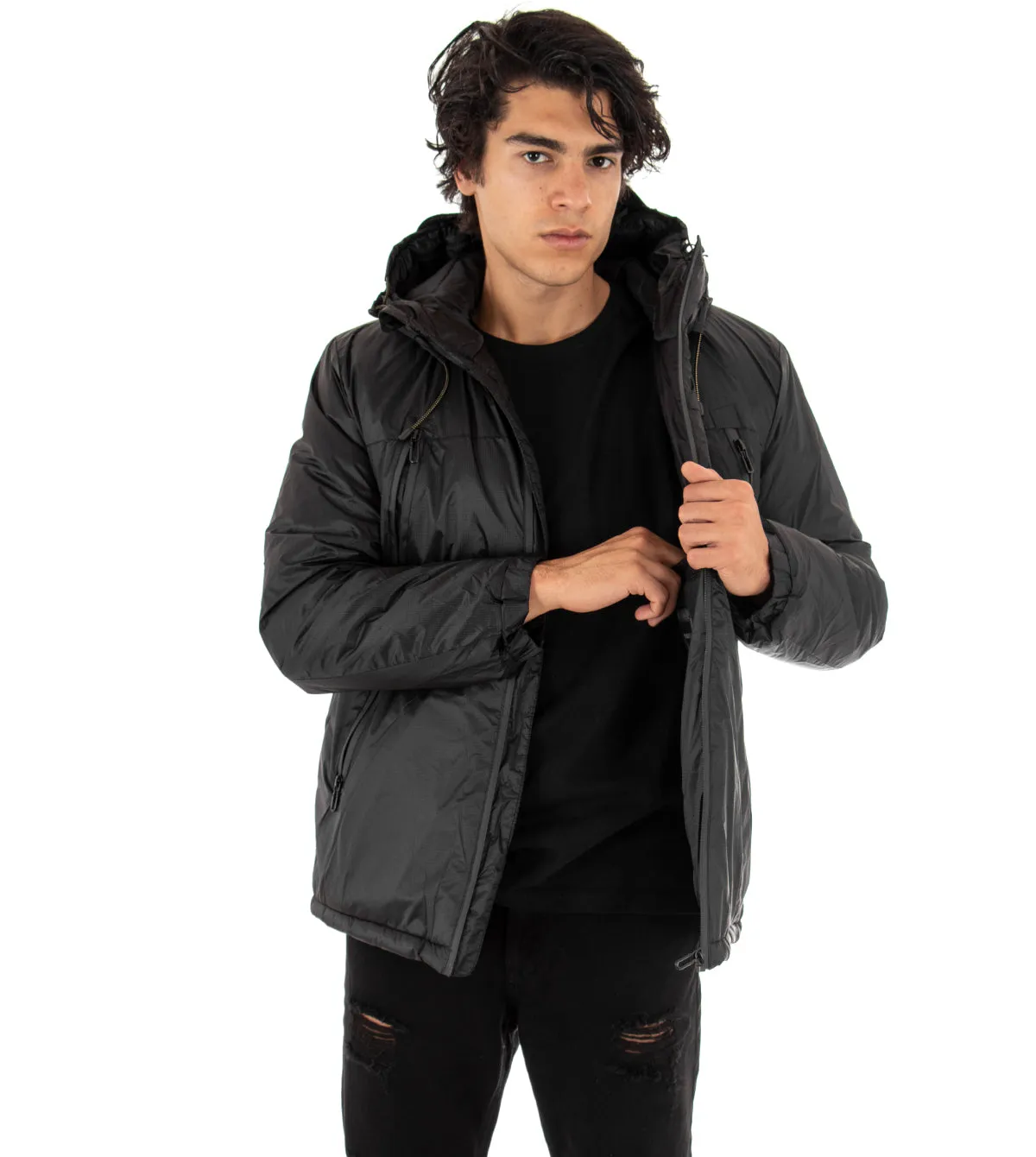 Giubbotto Uomo Giacca Trapuntata Cappuccio Tinta Unita Nero Casual GIOSAL-G2434A