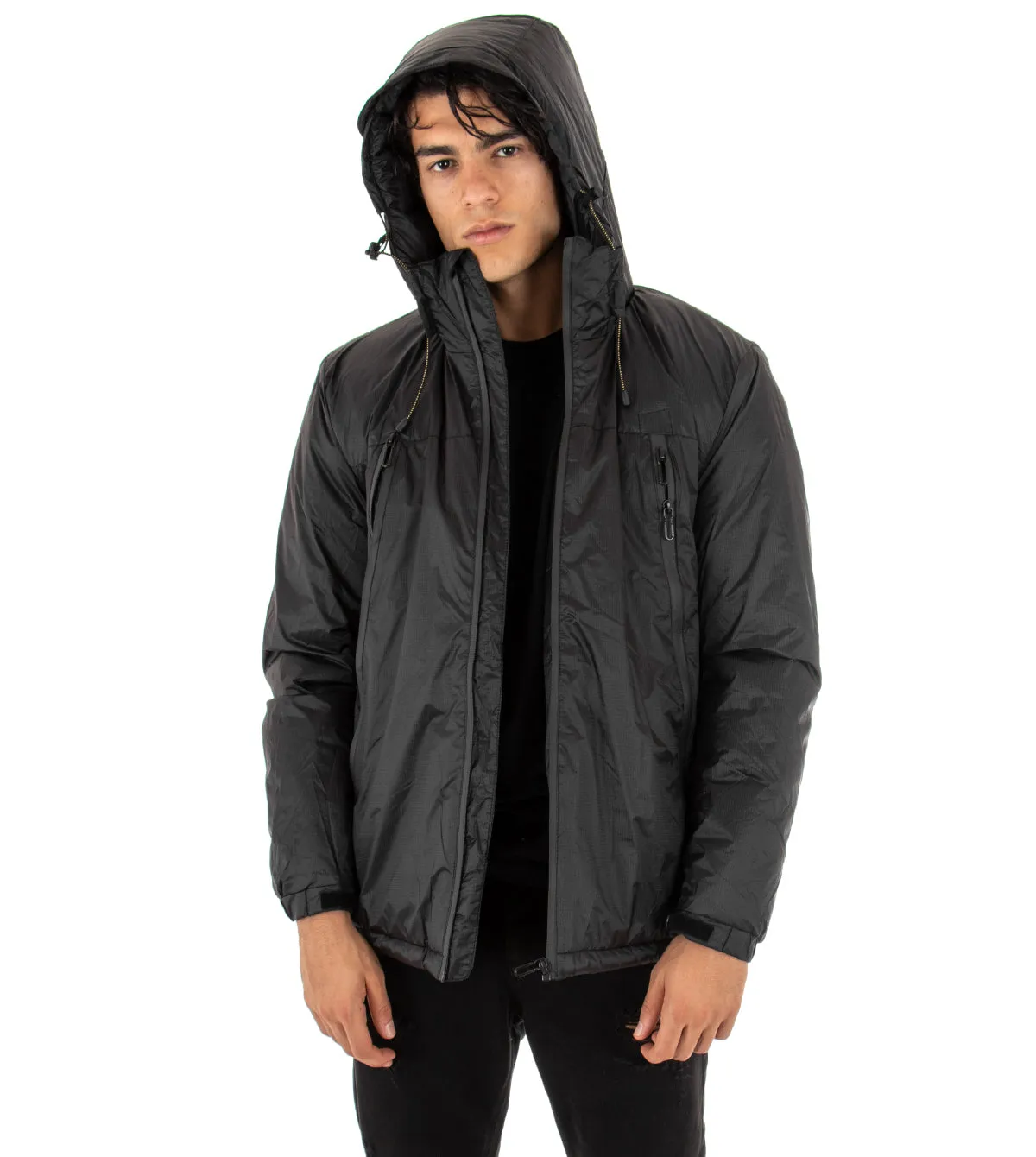Giubbotto Uomo Giacca Trapuntata Cappuccio Tinta Unita Nero Casual GIOSAL-G2434A
