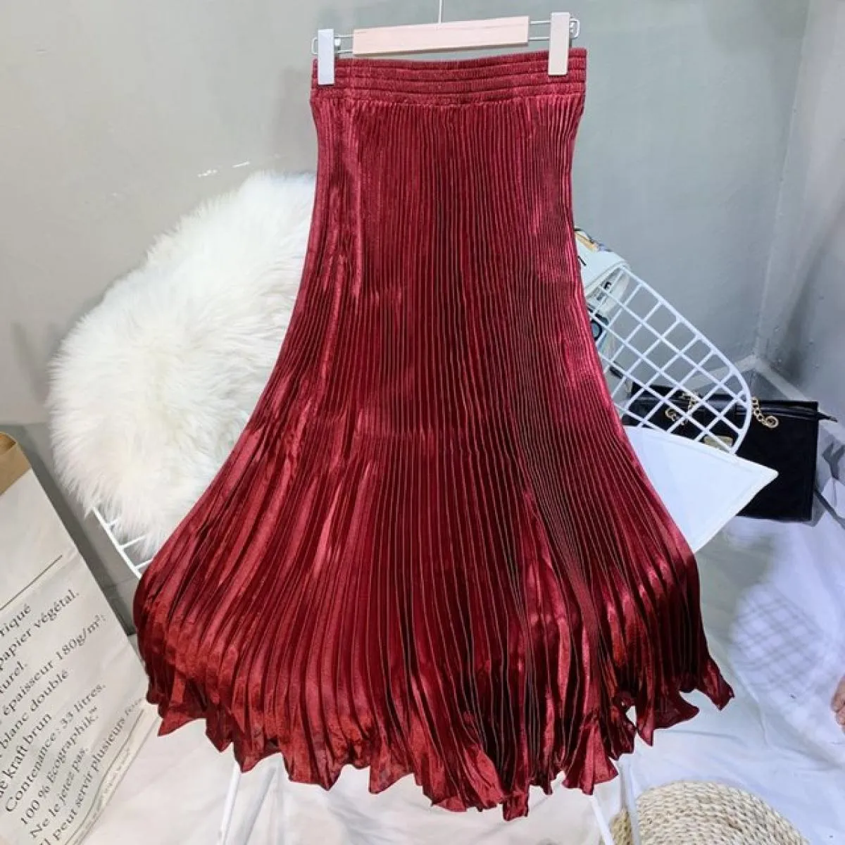 Gonna a sirena color metallo elegante da donna Gonna lunga a pieghe a vita alta elastica fino al pavimento 2022 Estate K78