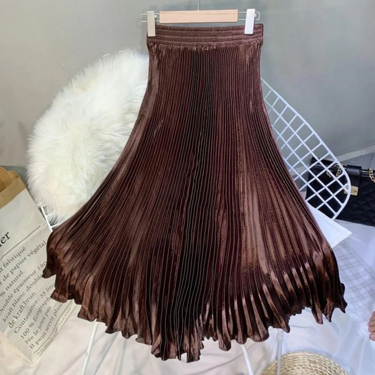 Gonna a sirena color metallo elegante da donna Gonna lunga a pieghe a vita alta elastica fino al pavimento 2022 Estate K78