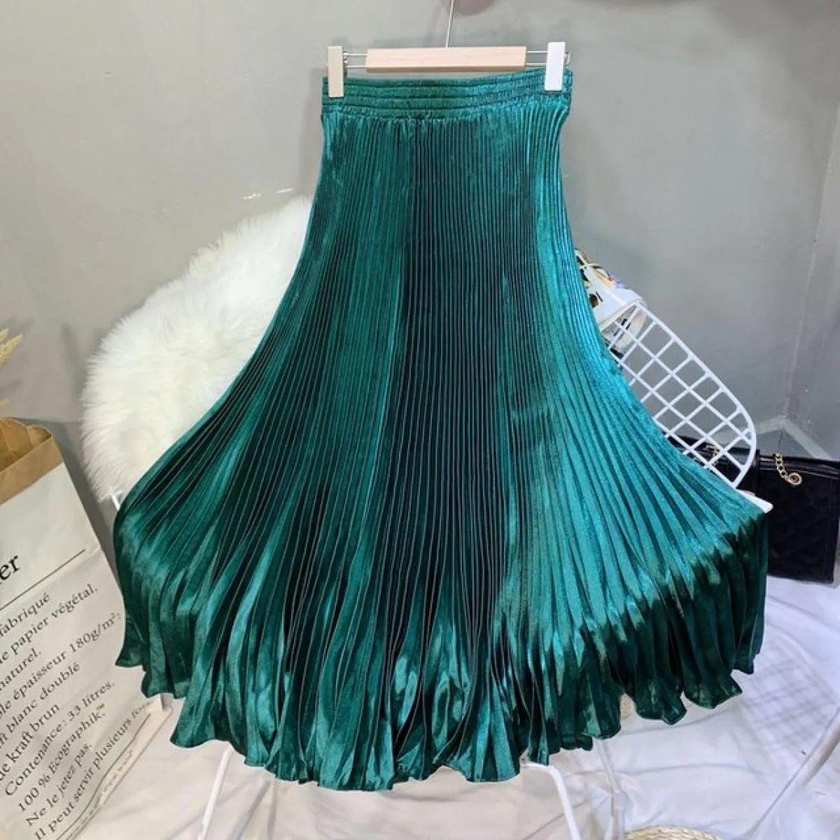 Gonna a sirena color metallo elegante da donna Gonna lunga a pieghe a vita alta elastica fino al pavimento 2022 Estate K78