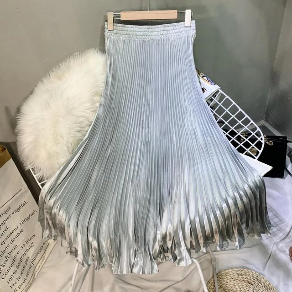 Gonna a sirena color metallo elegante da donna Gonna lunga a pieghe a vita alta elastica fino al pavimento 2022 Estate K78