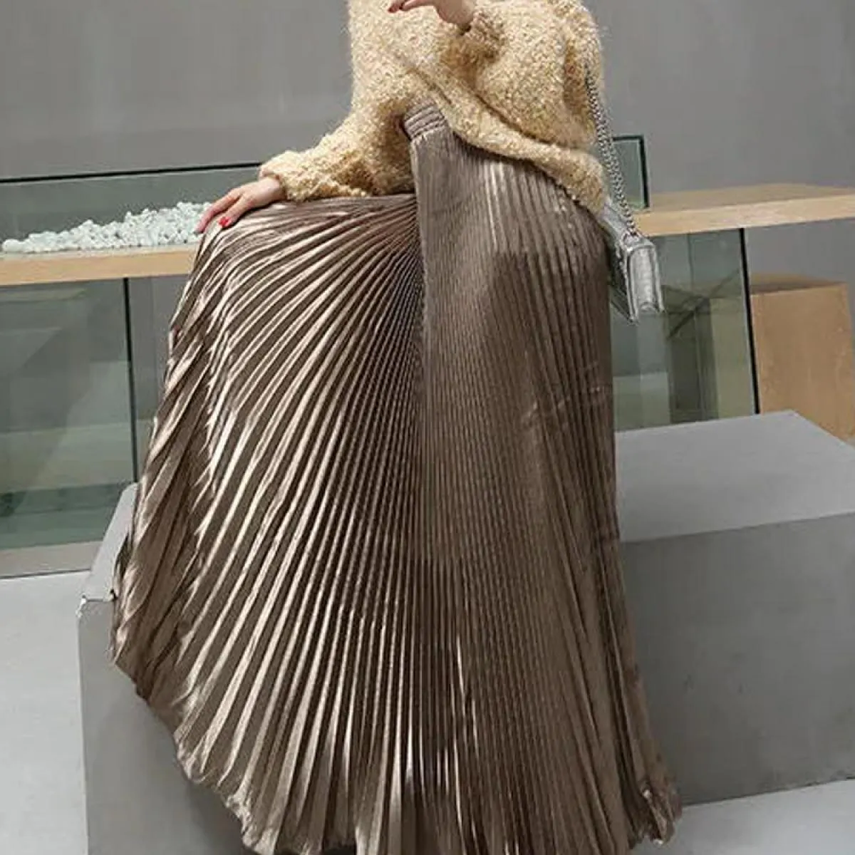 Gonna a sirena color metallo elegante da donna Gonna lunga a pieghe a vita alta elastica fino al pavimento 2022 Estate K78
