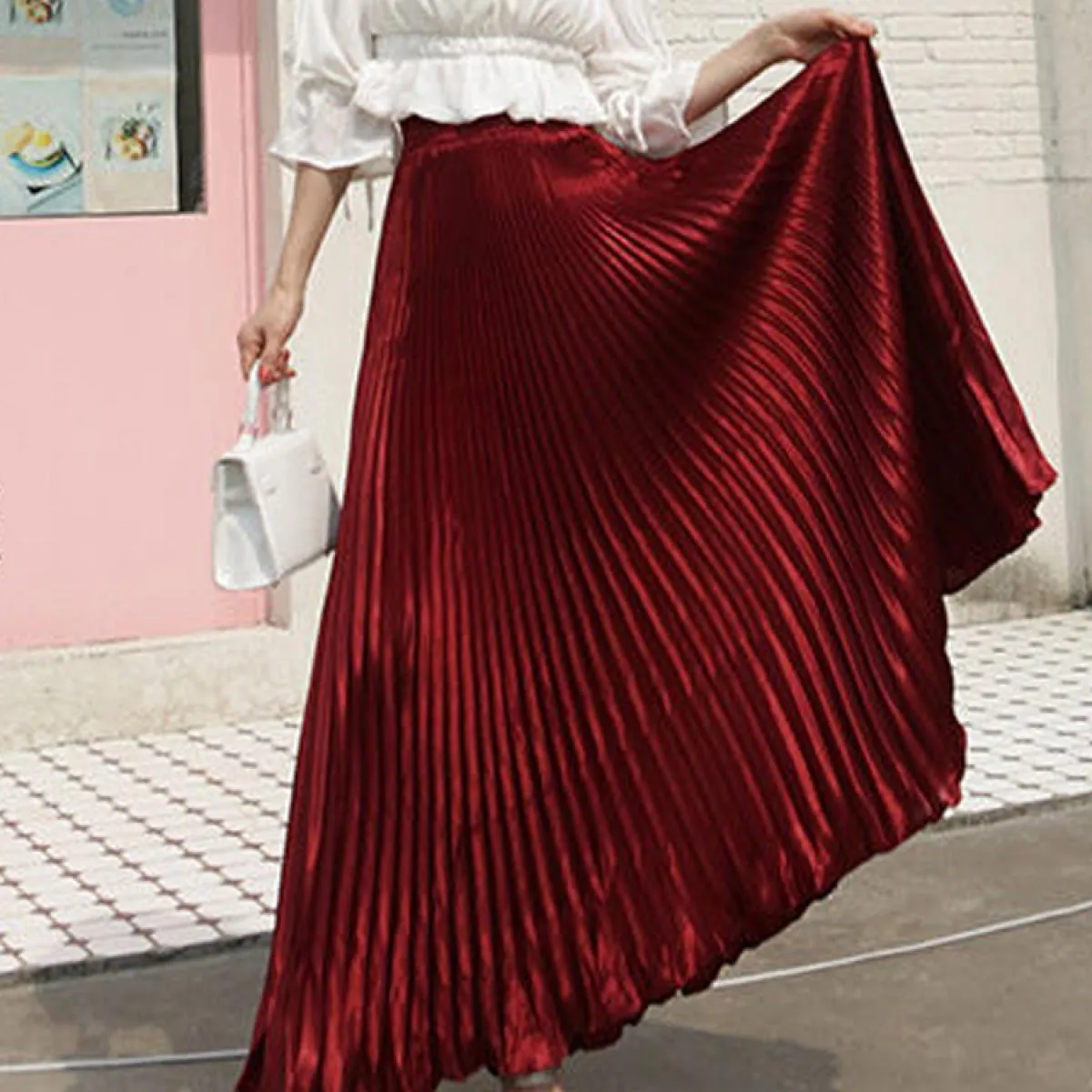 Gonna a sirena color metallo elegante da donna Gonna lunga a pieghe a vita alta elastica fino al pavimento 2022 Estate K78