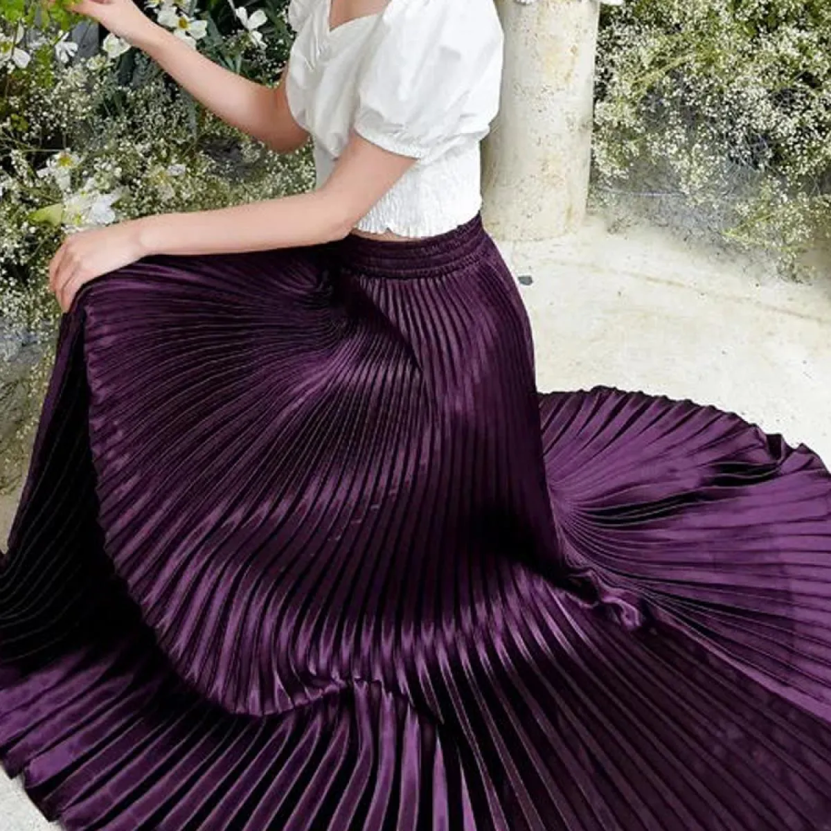 Gonna a sirena color metallo elegante da donna Gonna lunga a pieghe a vita alta elastica fino al pavimento 2022 Estate K78