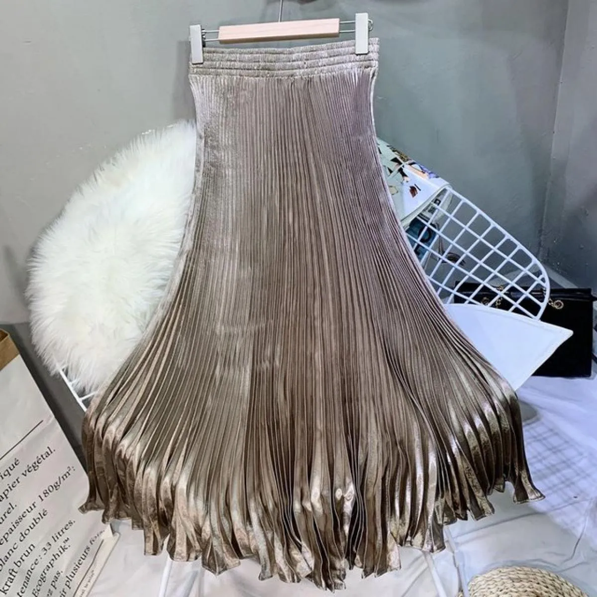 Gonna a sirena color metallo elegante da donna Gonna lunga a pieghe a vita alta elastica fino al pavimento 2022 Estate K78