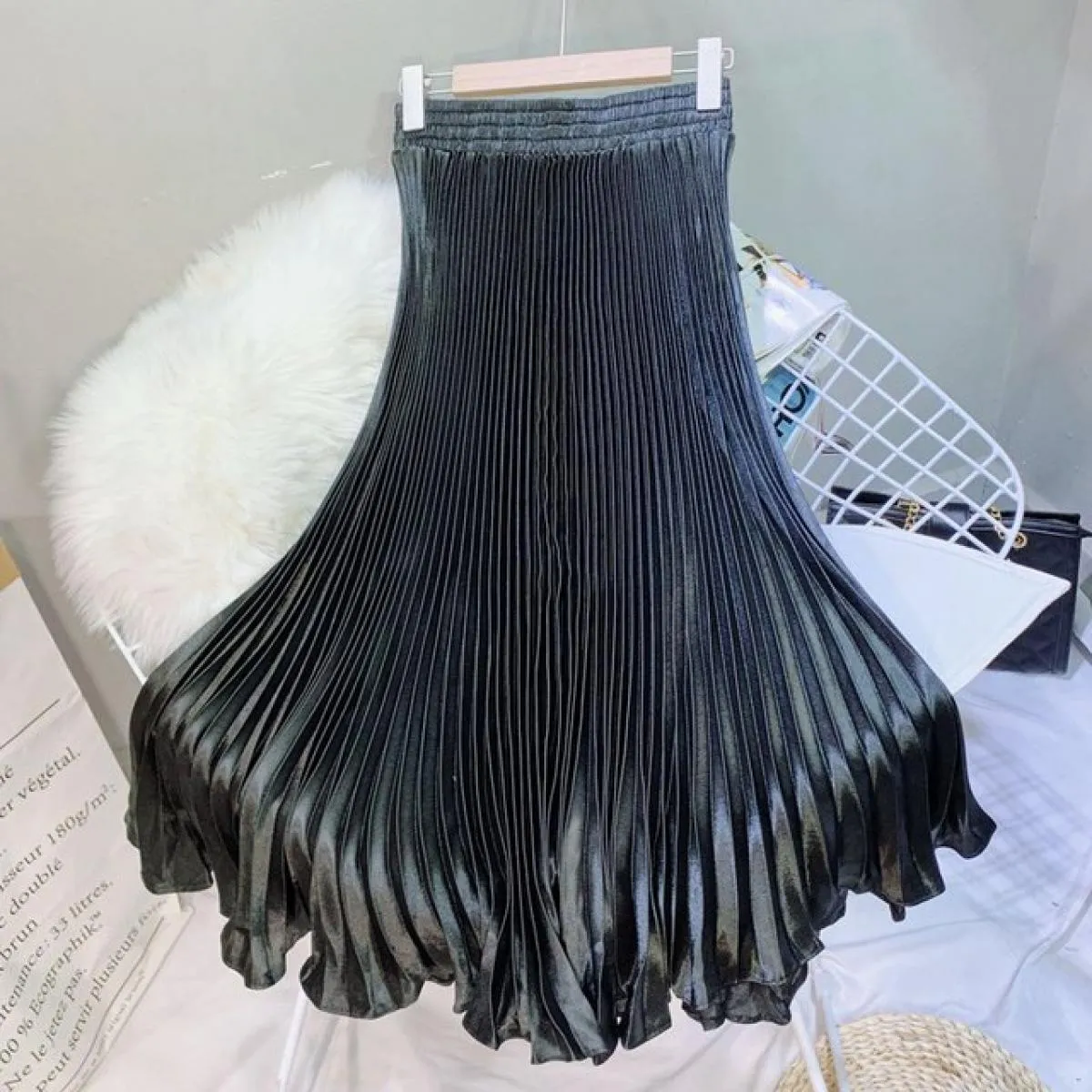 Gonna a sirena color metallo elegante da donna Gonna lunga a pieghe a vita alta elastica fino al pavimento 2022 Estate K78