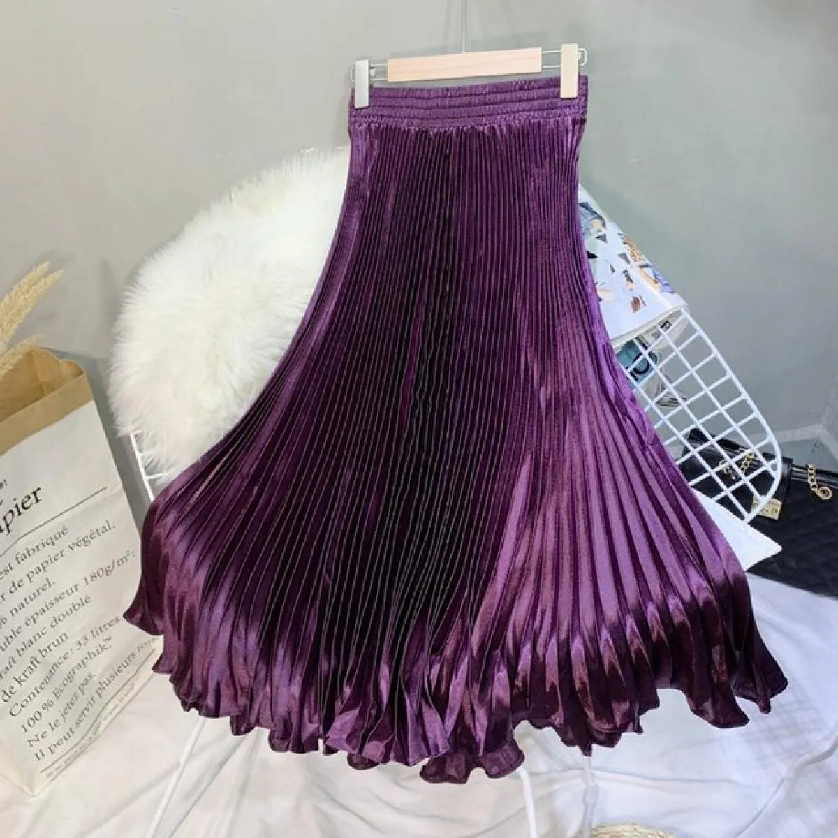 Gonna a sirena color metallo elegante da donna Gonna lunga a pieghe a vita alta elastica fino al pavimento 2022 Estate K78