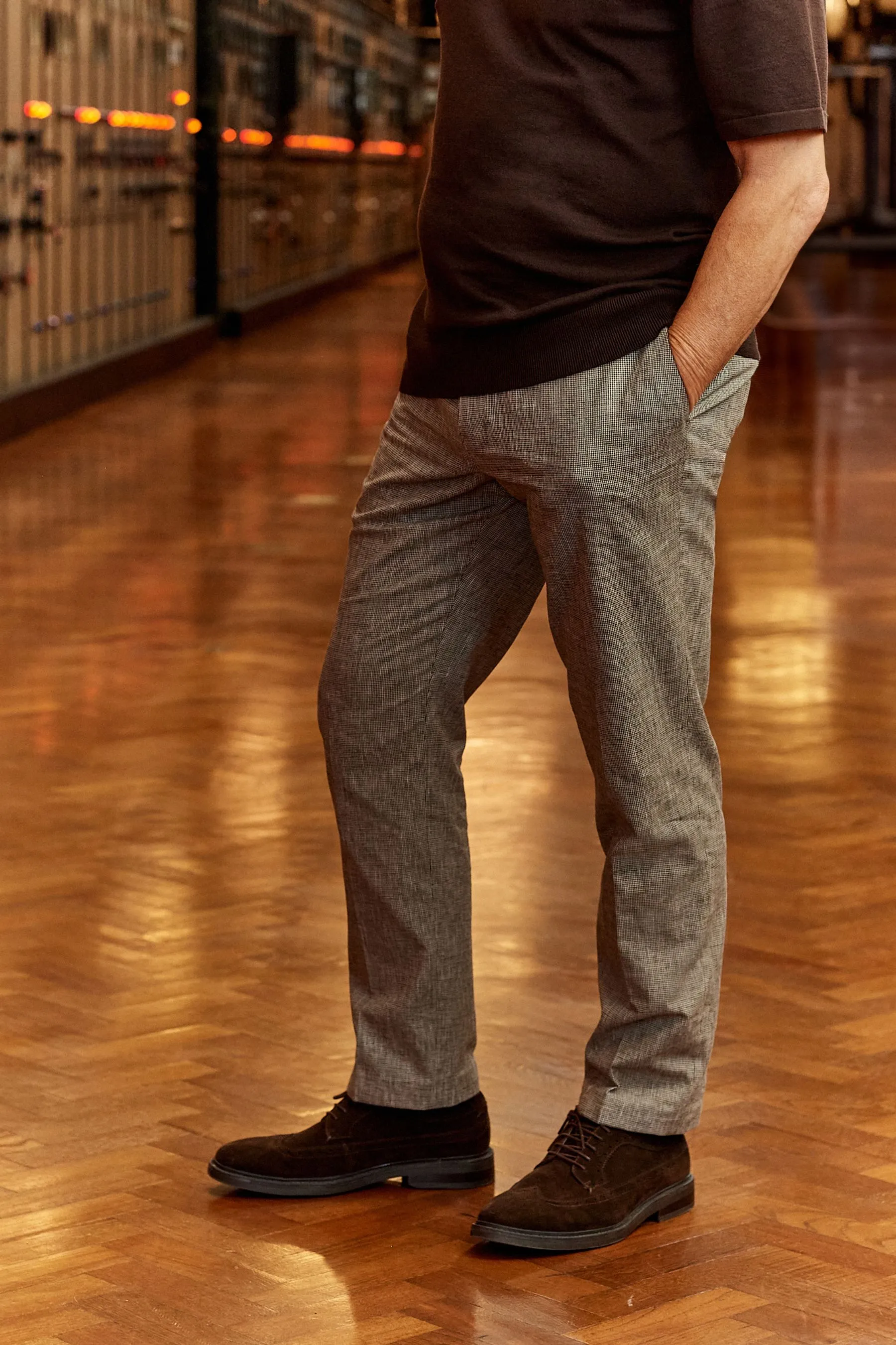 Grigio talpa  - Vestibilità sartoriale - Completo pied de poule in lino: Pantaloni