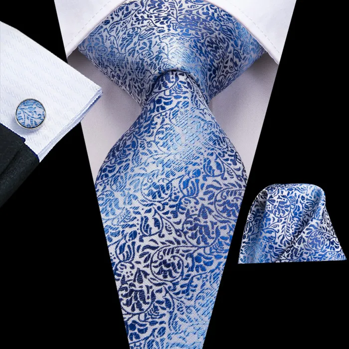 Henk ter Horst, cravatta in seta con gemelli e pochette da taschino, blu floreale