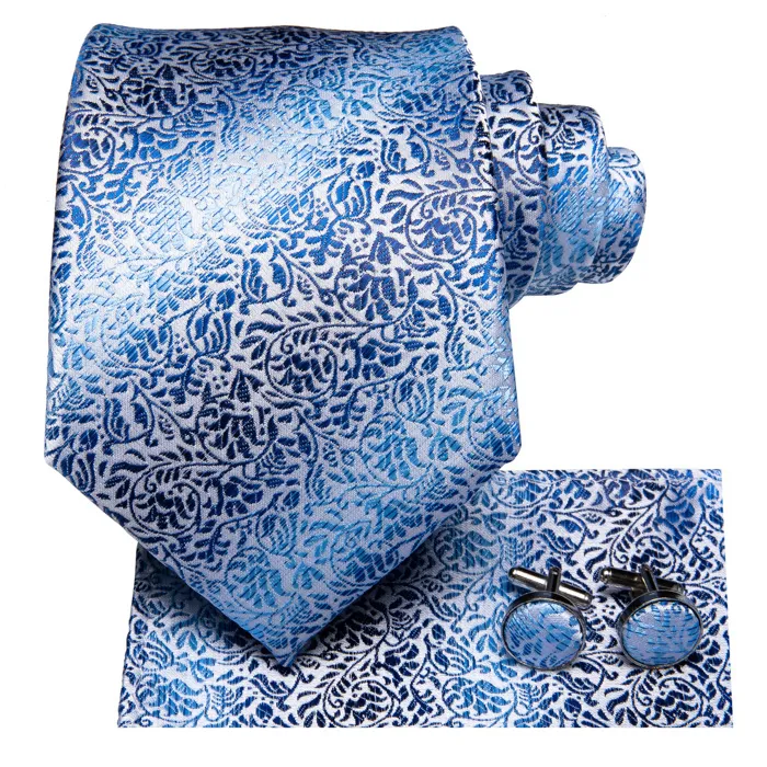Henk ter Horst, cravatta in seta con gemelli e pochette da taschino, blu floreale