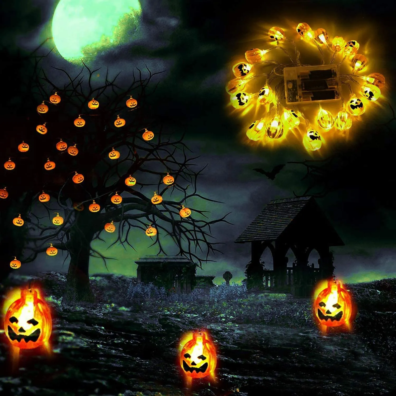 Itian Striscia da 2m con 20 Luci LED a Forma di Zucche 3D Arancioni Alimentate a Batteria per Decorazioni di Halloween