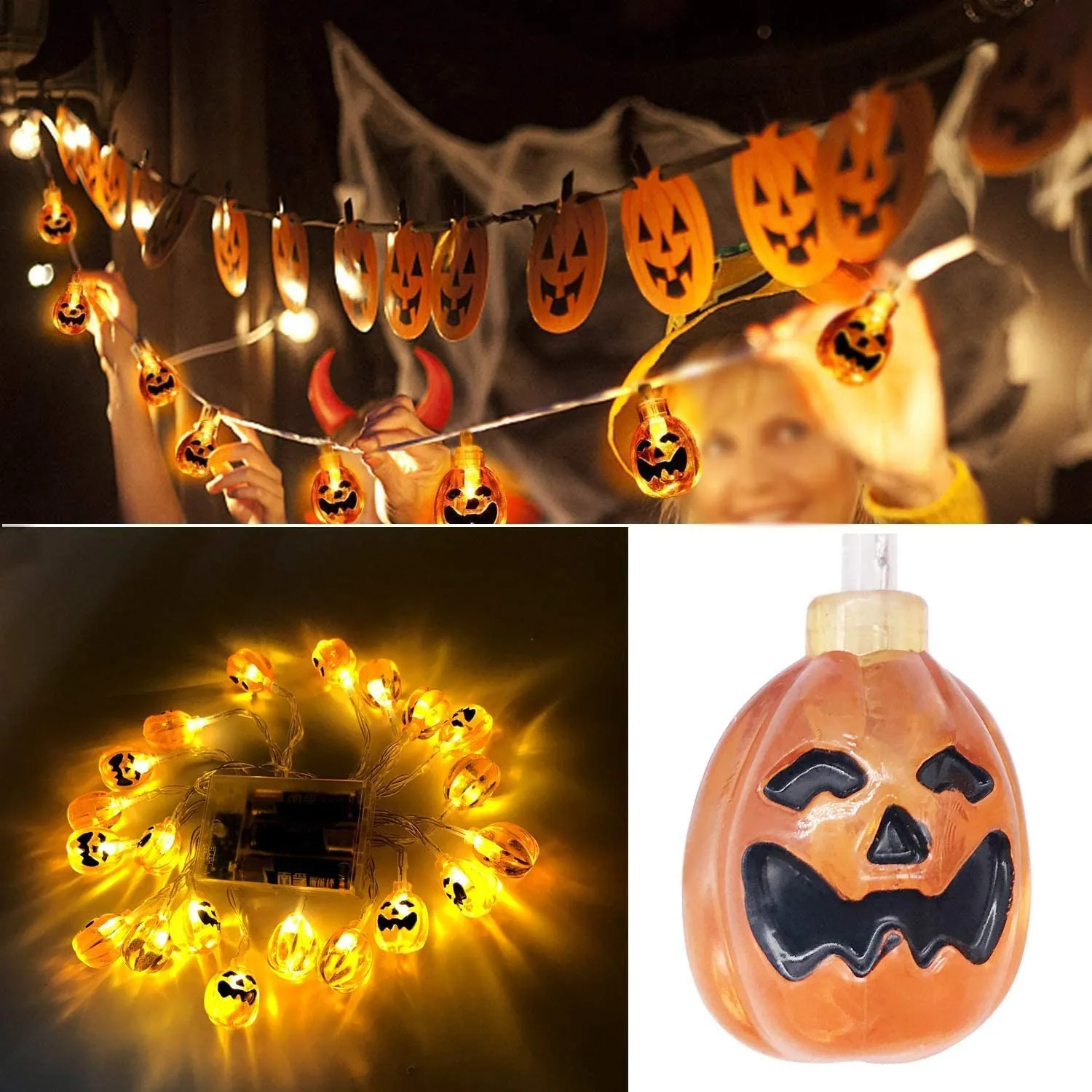 Itian Striscia da 2m con 20 Luci LED a Forma di Zucche 3D Arancioni Alimentate a Batteria per Decorazioni di Halloween
