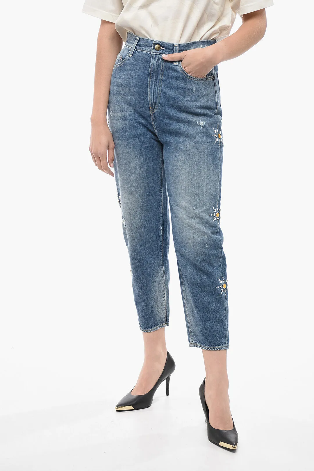 Jeans Tappared Fit GLORY Con Borchie e Gioielli 16cm