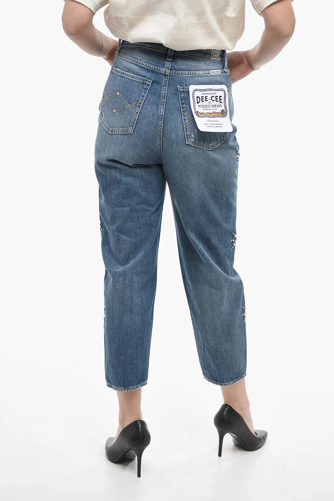 Jeans Tappared Fit GLORY Con Borchie e Gioielli 16cm