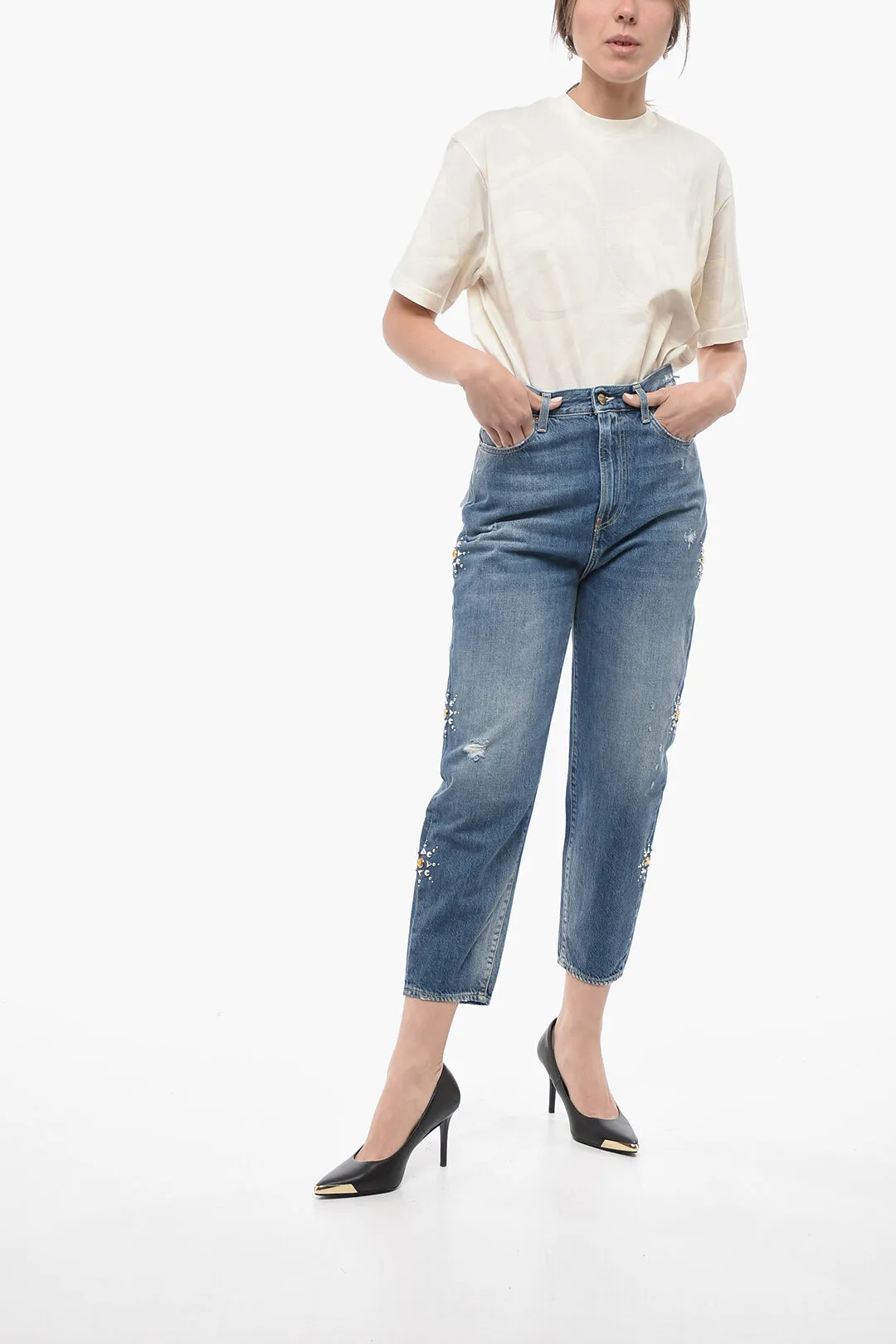 Jeans Tappared Fit GLORY Con Borchie e Gioielli 16cm