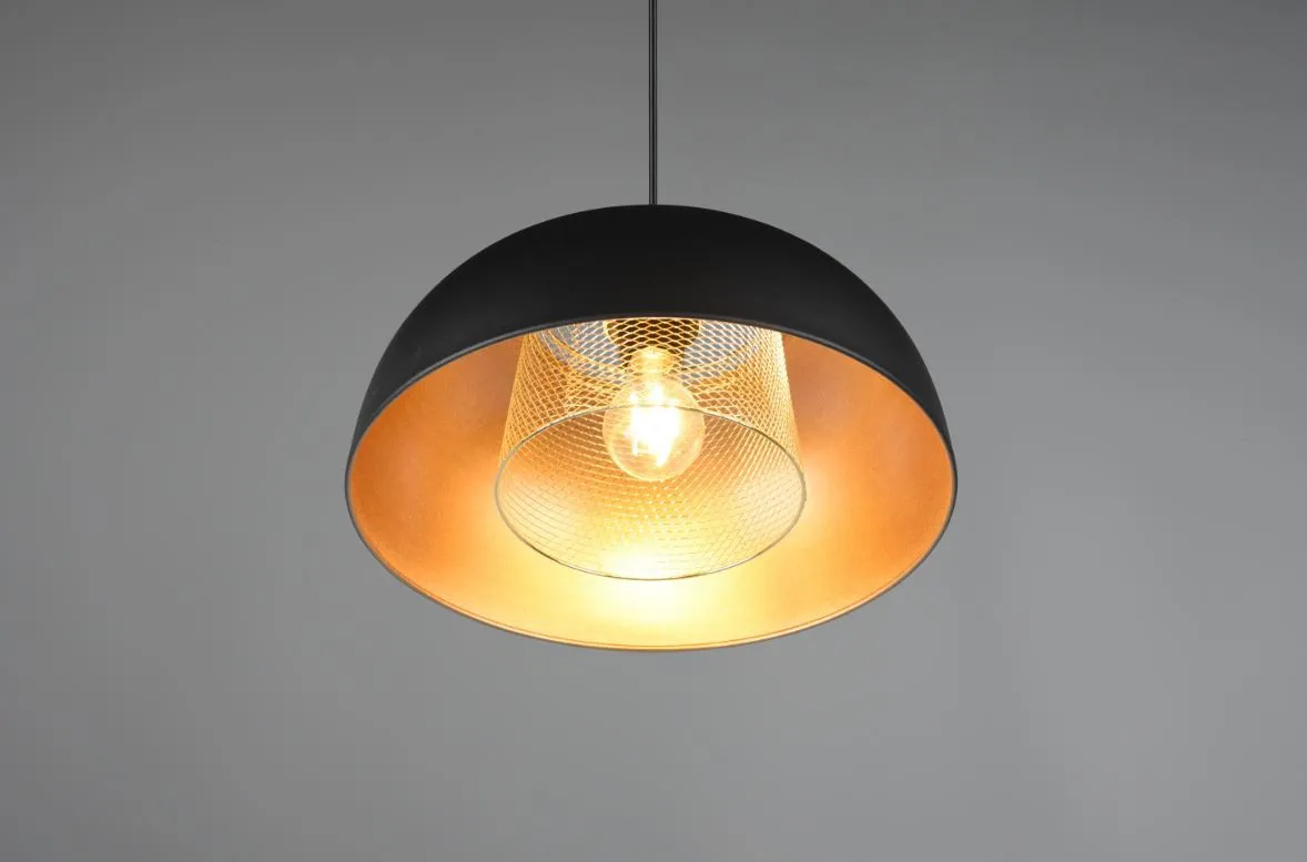 Lampada Sospensione Paralume Singolo E27 Tavolo Cucina Nero e Oro Punch Trio Lighting
