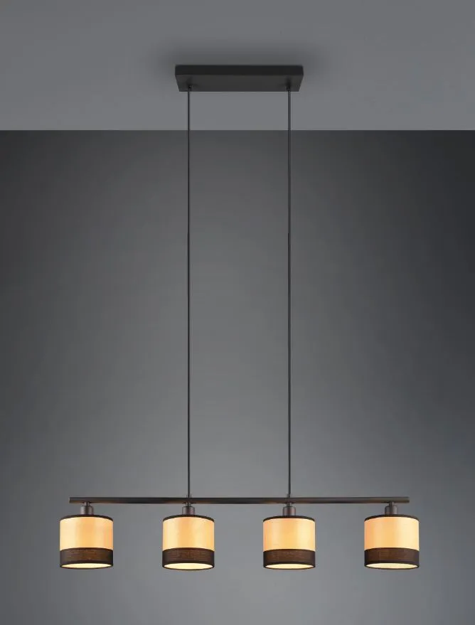Lampadario in Linea 4 Paralumi Legno Naturale e Tessuto Nero Bolzano Trio Lighting
