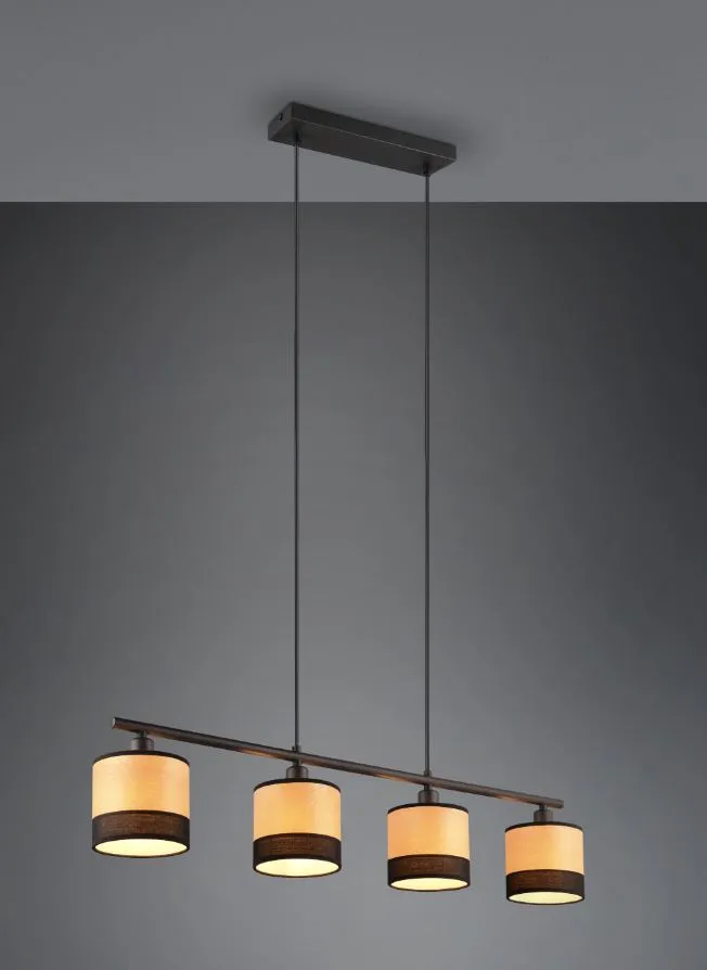 Lampadario in Linea 4 Paralumi Legno Naturale e Tessuto Nero Bolzano Trio Lighting