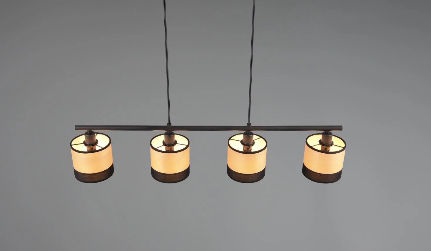 Lampadario in Linea 4 Paralumi Legno Naturale e Tessuto Nero Bolzano Trio Lighting
