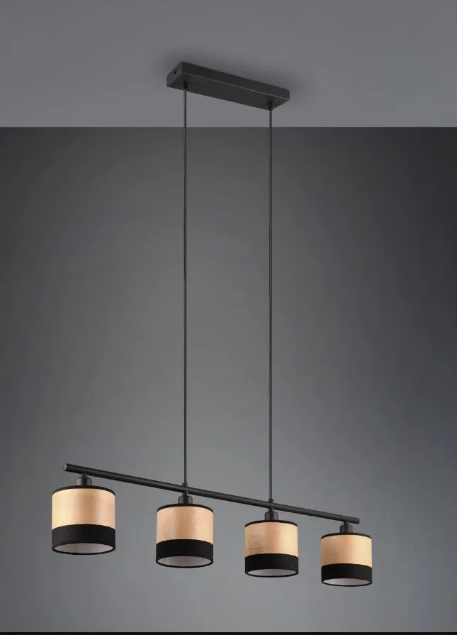 Lampadario in Linea 4 Paralumi Legno Naturale e Tessuto Nero Bolzano Trio Lighting