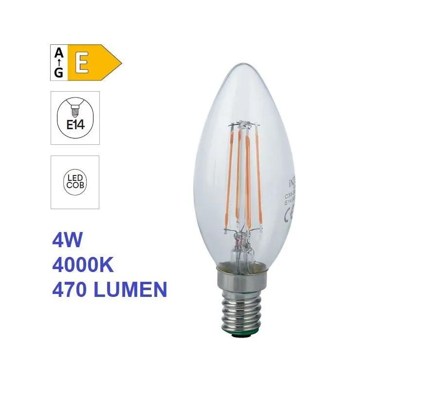 Lampadina LED E14 Candela 4W 4000K 470 Lumen Luce Naturale Vetro Trasparente