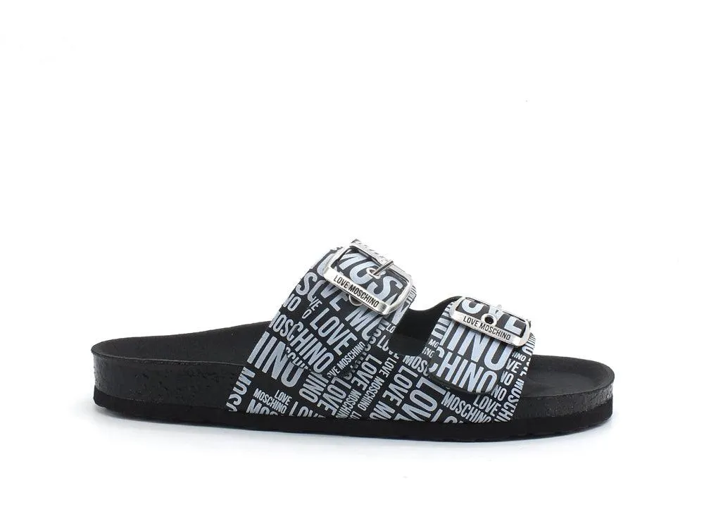 LOVE MOSCHINO Ciabatta Birk 130 Logo 2 Fibbie Nero Bianco JA28073G1CIJ000A