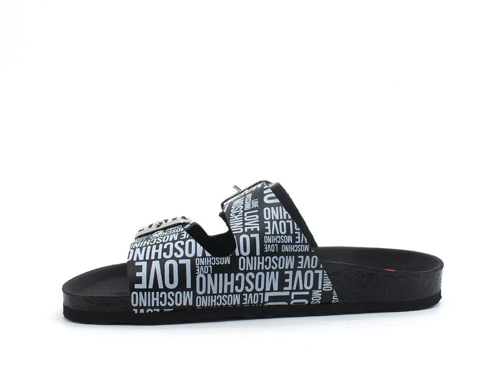 LOVE MOSCHINO Ciabatta Birk 130 Logo 2 Fibbie Nero Bianco JA28073G1CIJ000A
