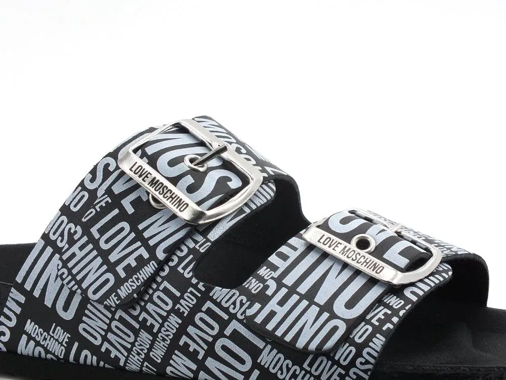LOVE MOSCHINO Ciabatta Birk 130 Logo 2 Fibbie Nero Bianco JA28073G1CIJ000A