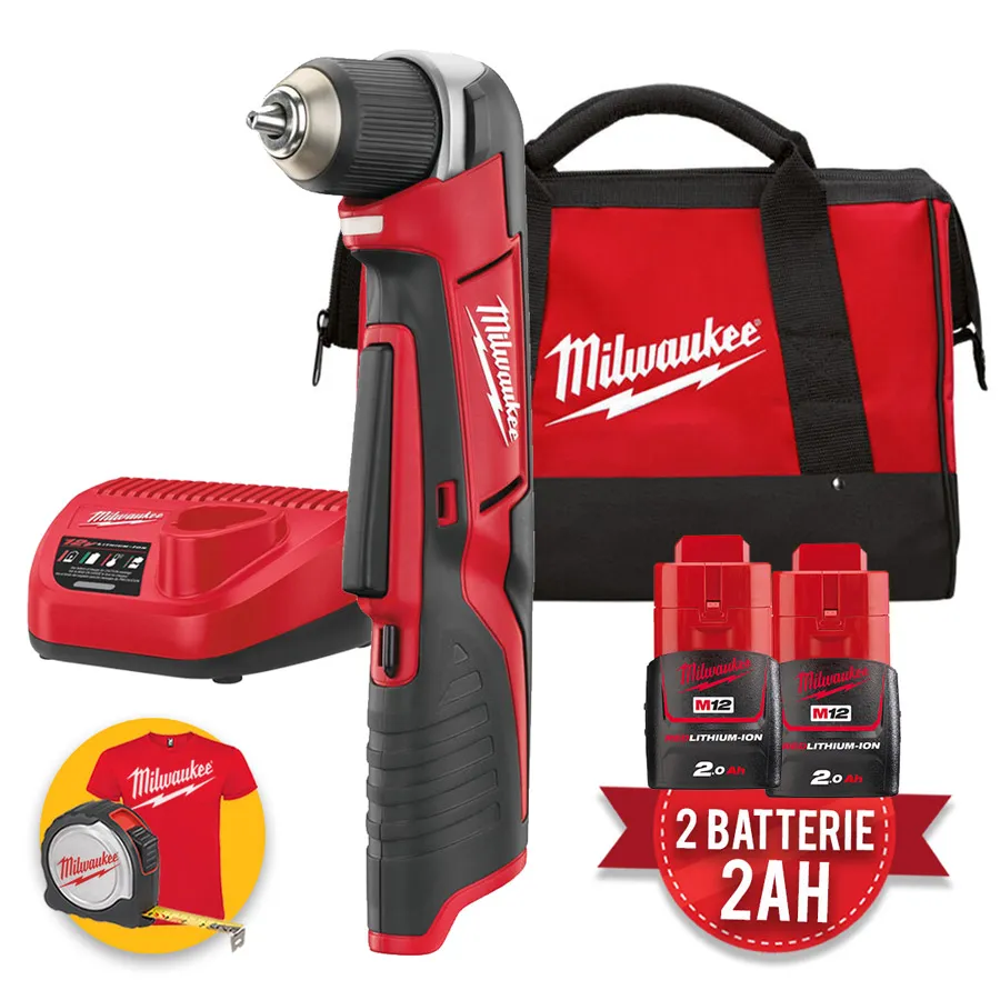 Milwaukee C12 RAD-202B - Trapano avvitatore angolare a batteria 12V, 2 x 2Ah in borsone