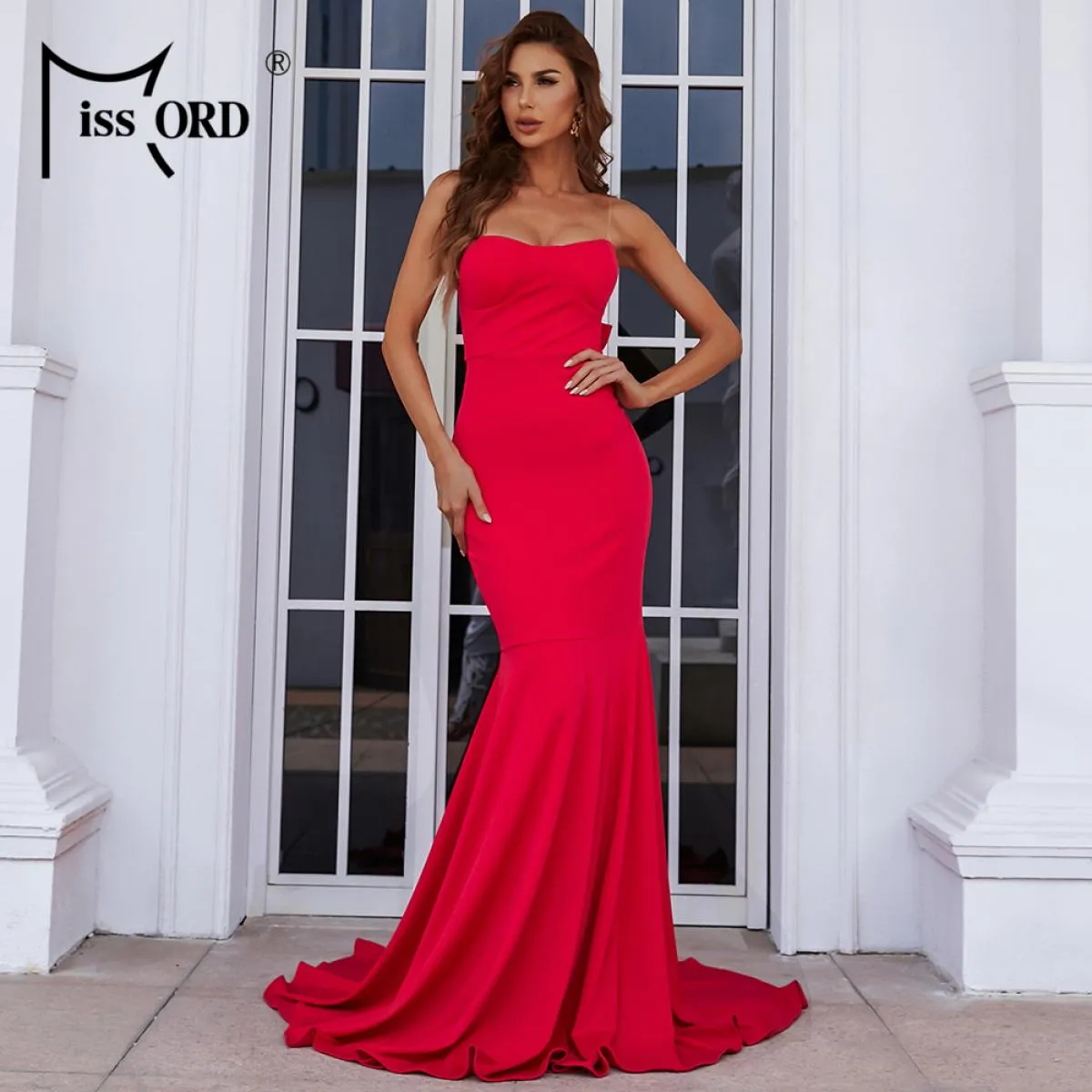 Missord elegante rosso donna lungo abito da festa senza spalline backless bowknot aderente maxi sera prom abiti lunghi fino al p