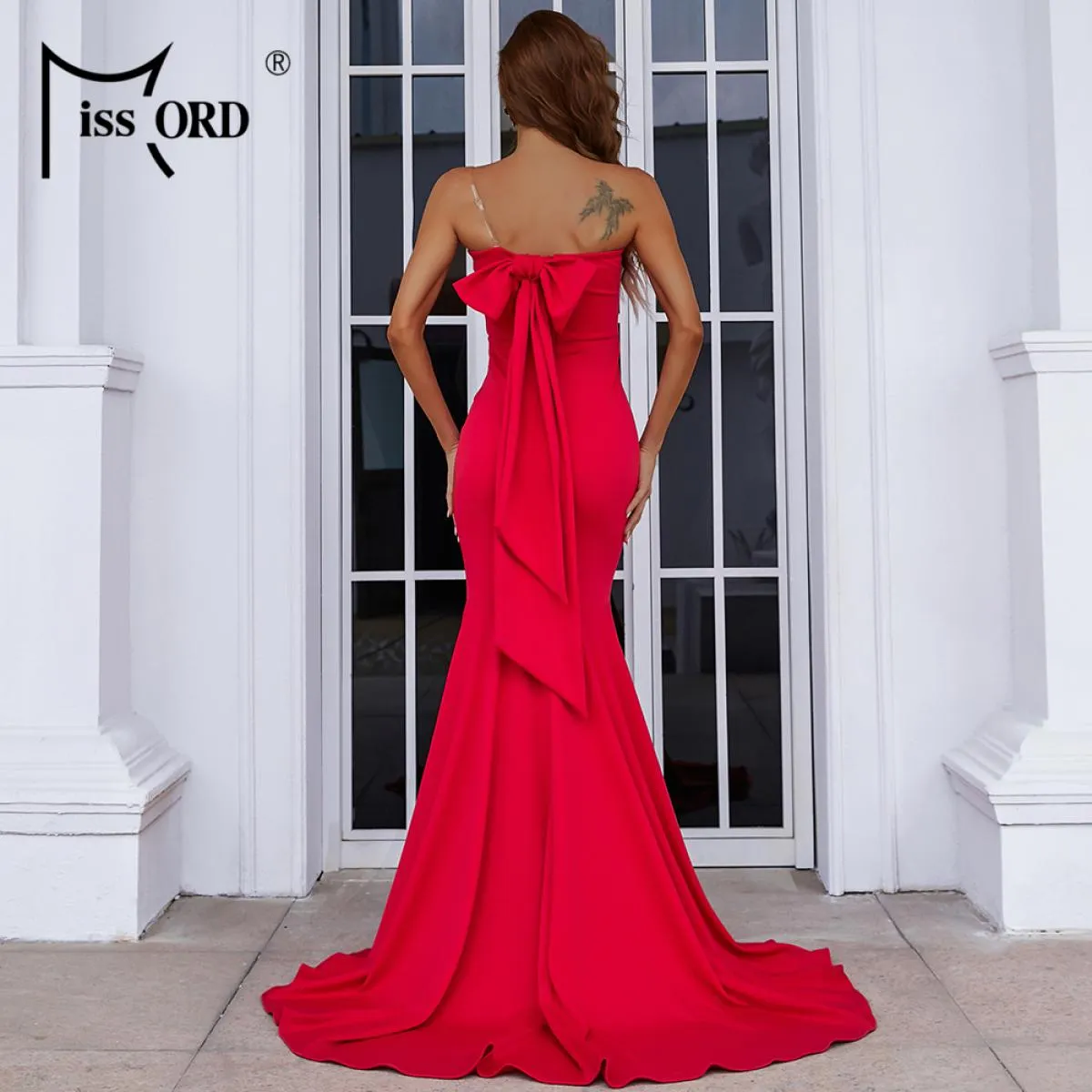 Missord elegante rosso donna lungo abito da festa senza spalline backless bowknot aderente maxi sera prom abiti lunghi fino al p
