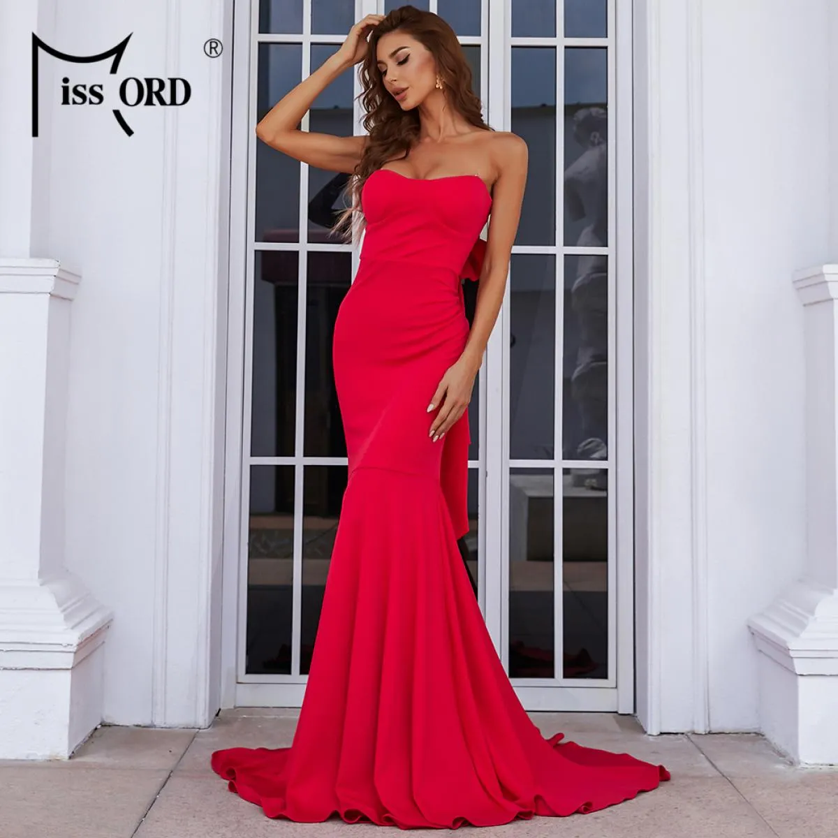 Missord elegante rosso donna lungo abito da festa senza spalline backless bowknot aderente maxi sera prom abiti lunghi fino al p