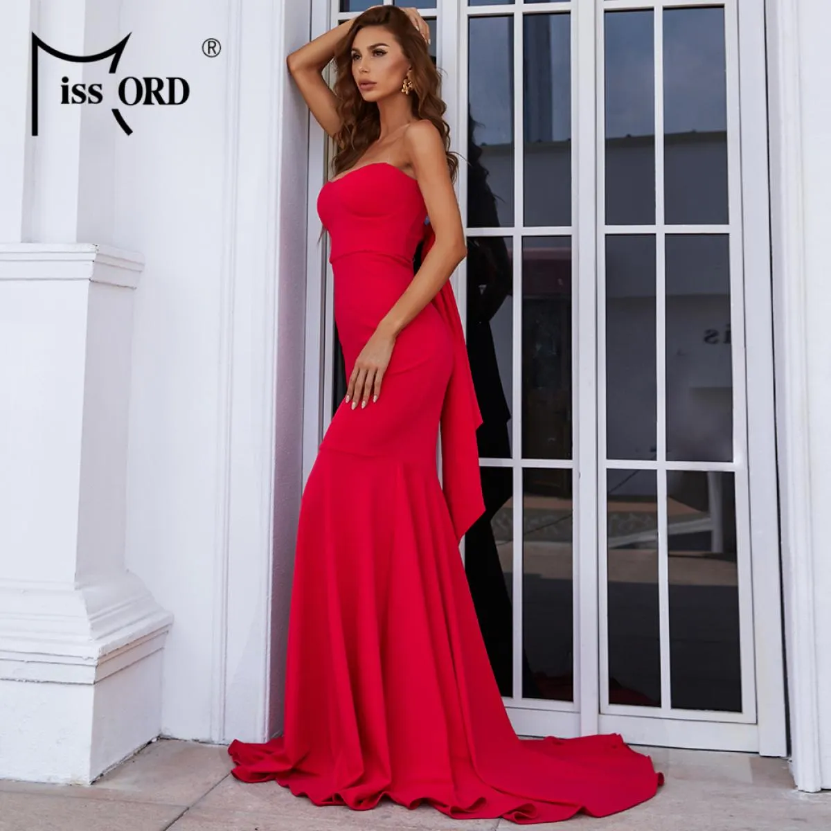 Missord elegante rosso donna lungo abito da festa senza spalline backless bowknot aderente maxi sera prom abiti lunghi fino al p