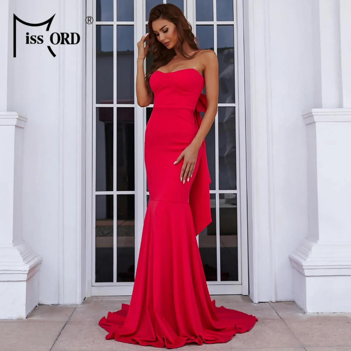 Missord elegante rosso donna lungo abito da festa senza spalline backless bowknot aderente maxi sera prom abiti lunghi fino al p