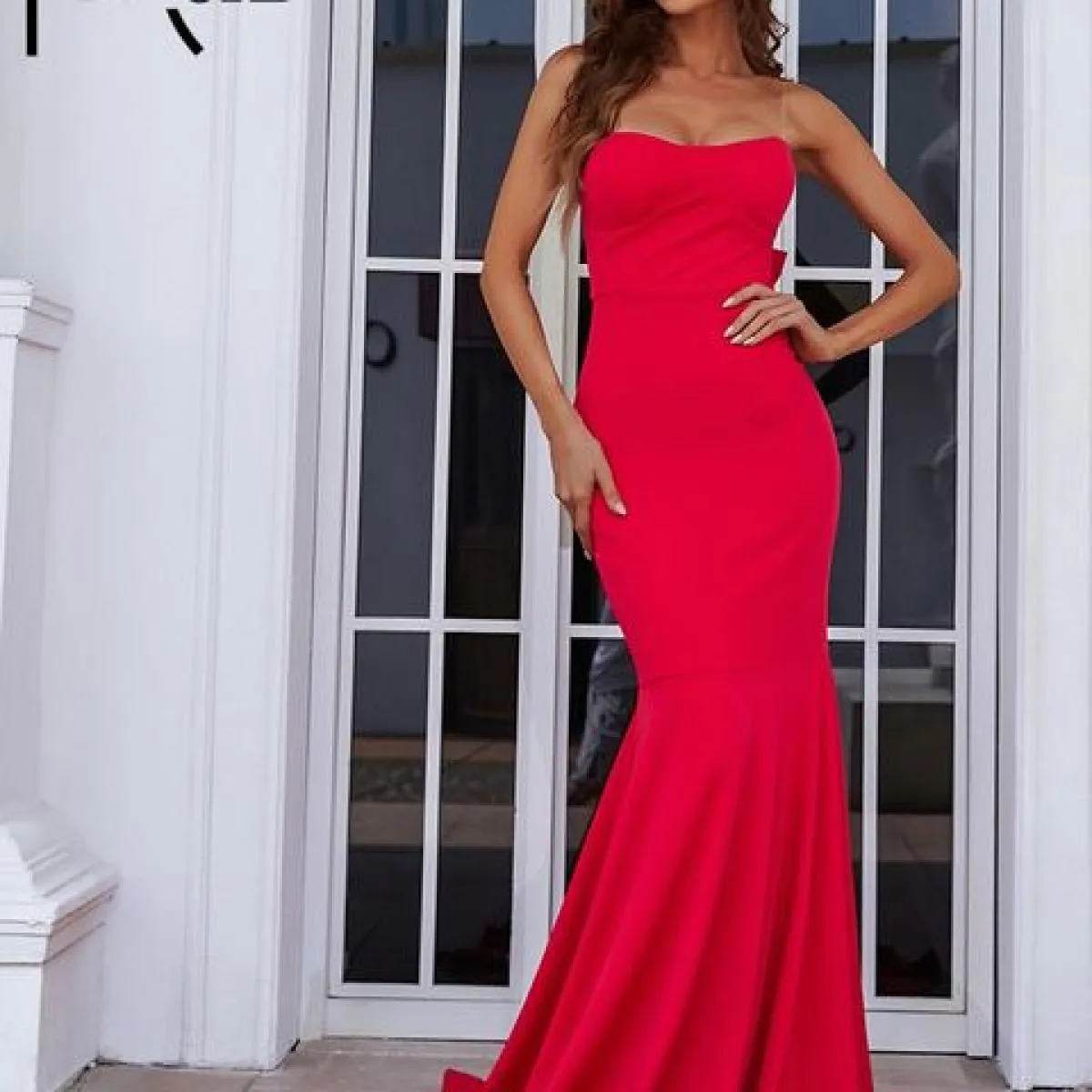 Missord elegante rosso donna lungo abito da festa senza spalline backless bowknot aderente maxi sera prom abiti lunghi fino al p
