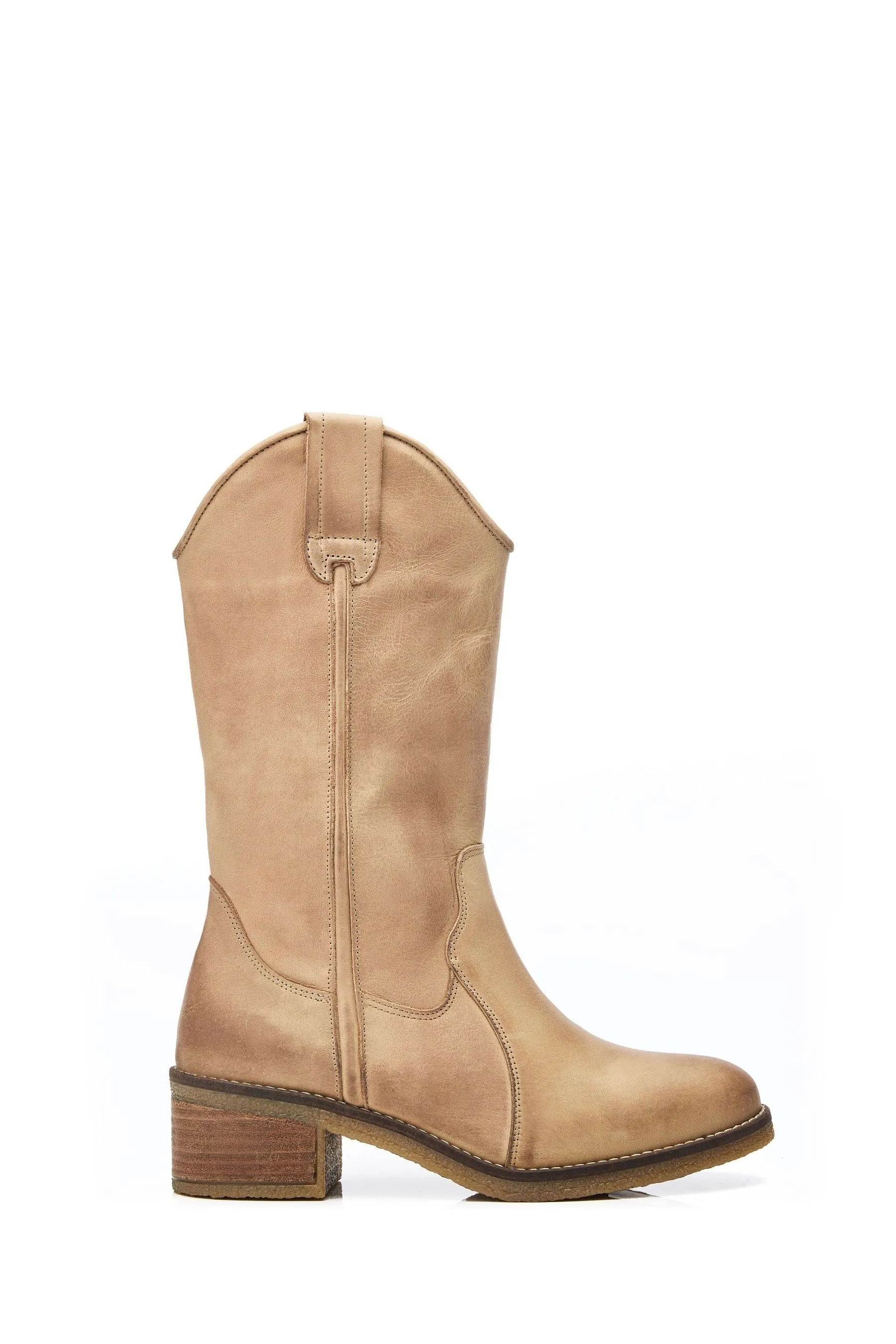 Moda in Pelle - Dana - Naturale western lunga con suola in crêpe - Stivali