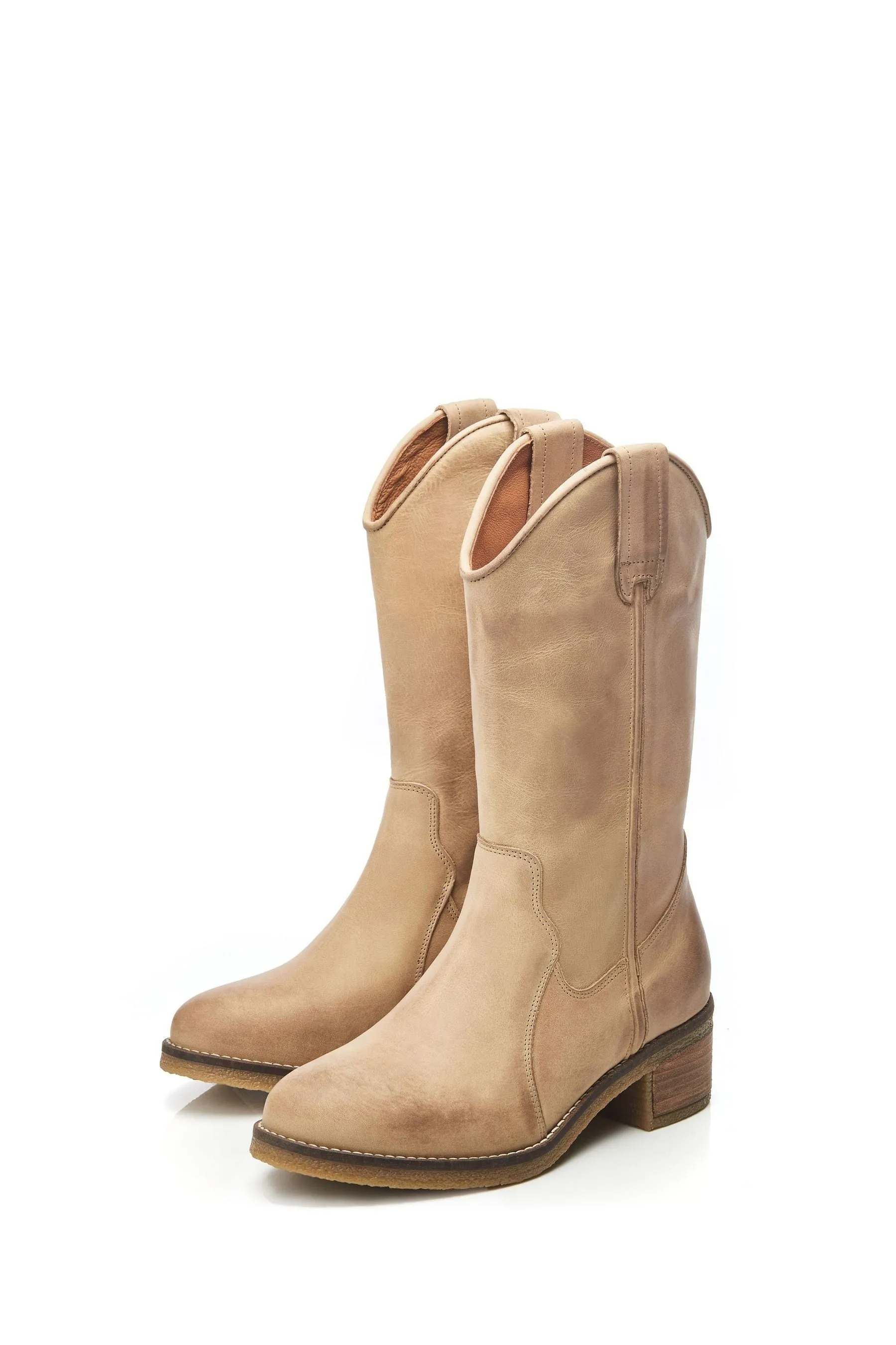 Moda in Pelle - Dana - Naturale western lunga con suola in crêpe - Stivali