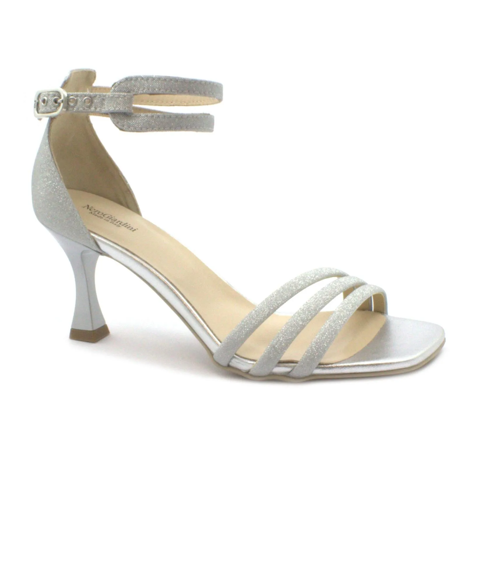 NERO GIARDINI 07291 argento scarpe donna sandali tacco tallone chiuso cinturino glitter