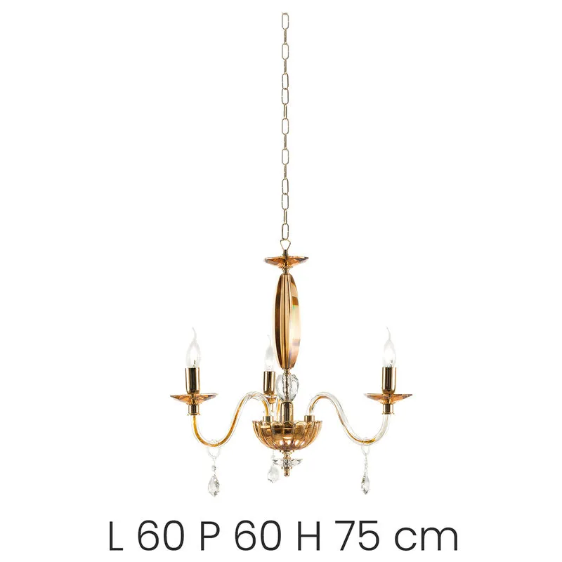 Ondaluce Lampadario Cecilia/3 in vetro e cristallo, paralumi in tessuto plissé, oro