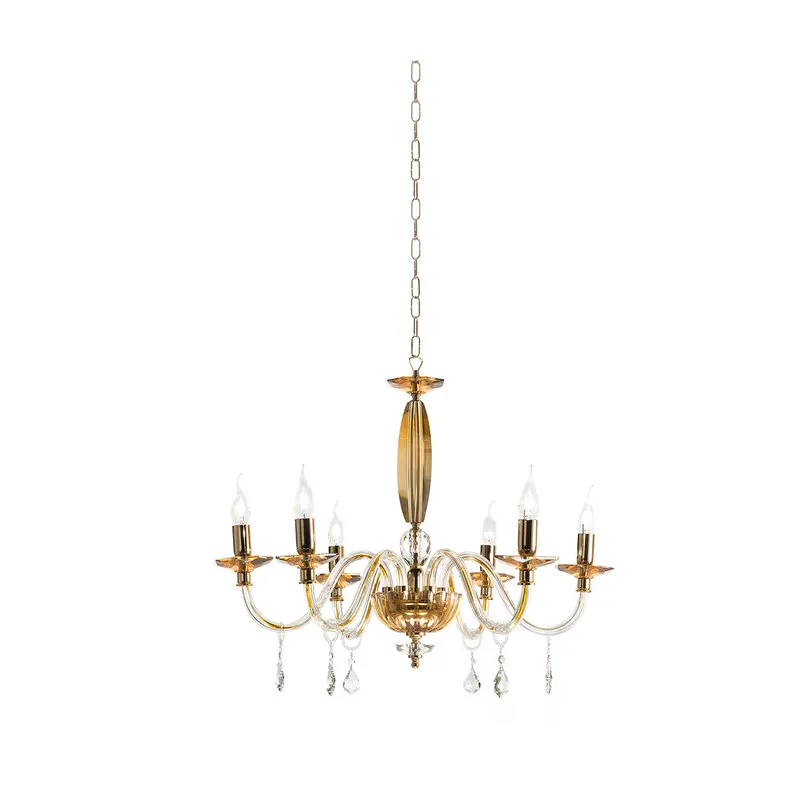 Ondaluce Lampadario Cecilia/6 in vetro e cristallo, paralumi in tessuto plissé, oro