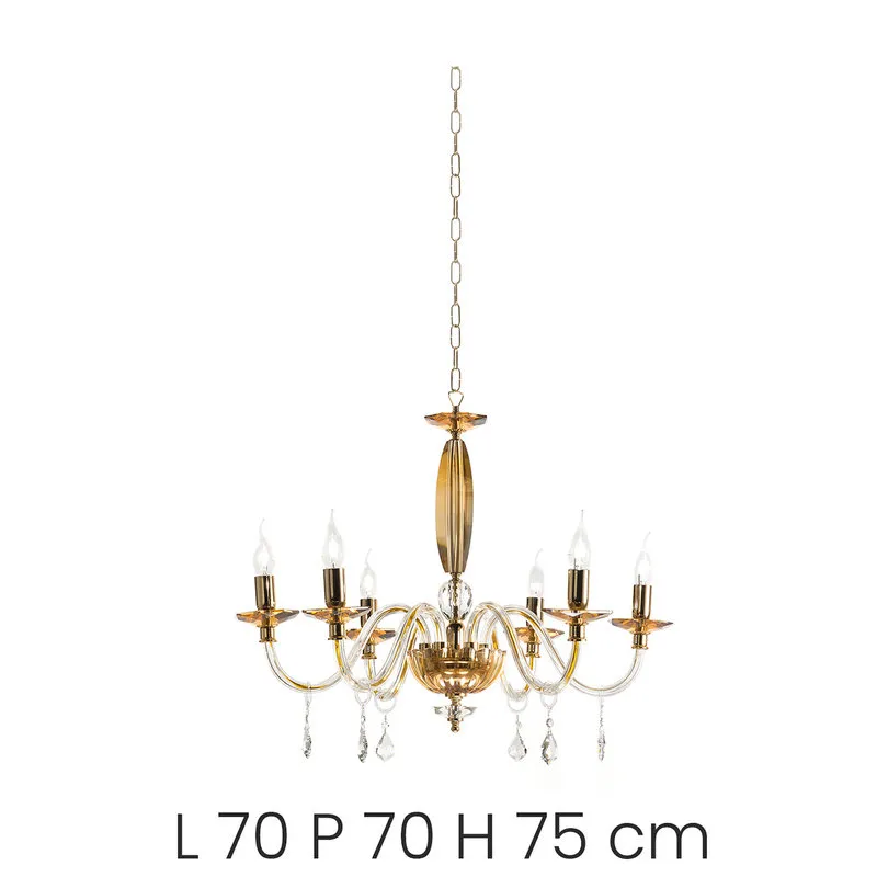 Ondaluce Lampadario Cecilia/6 in vetro e cristallo, paralumi in tessuto plissé, oro