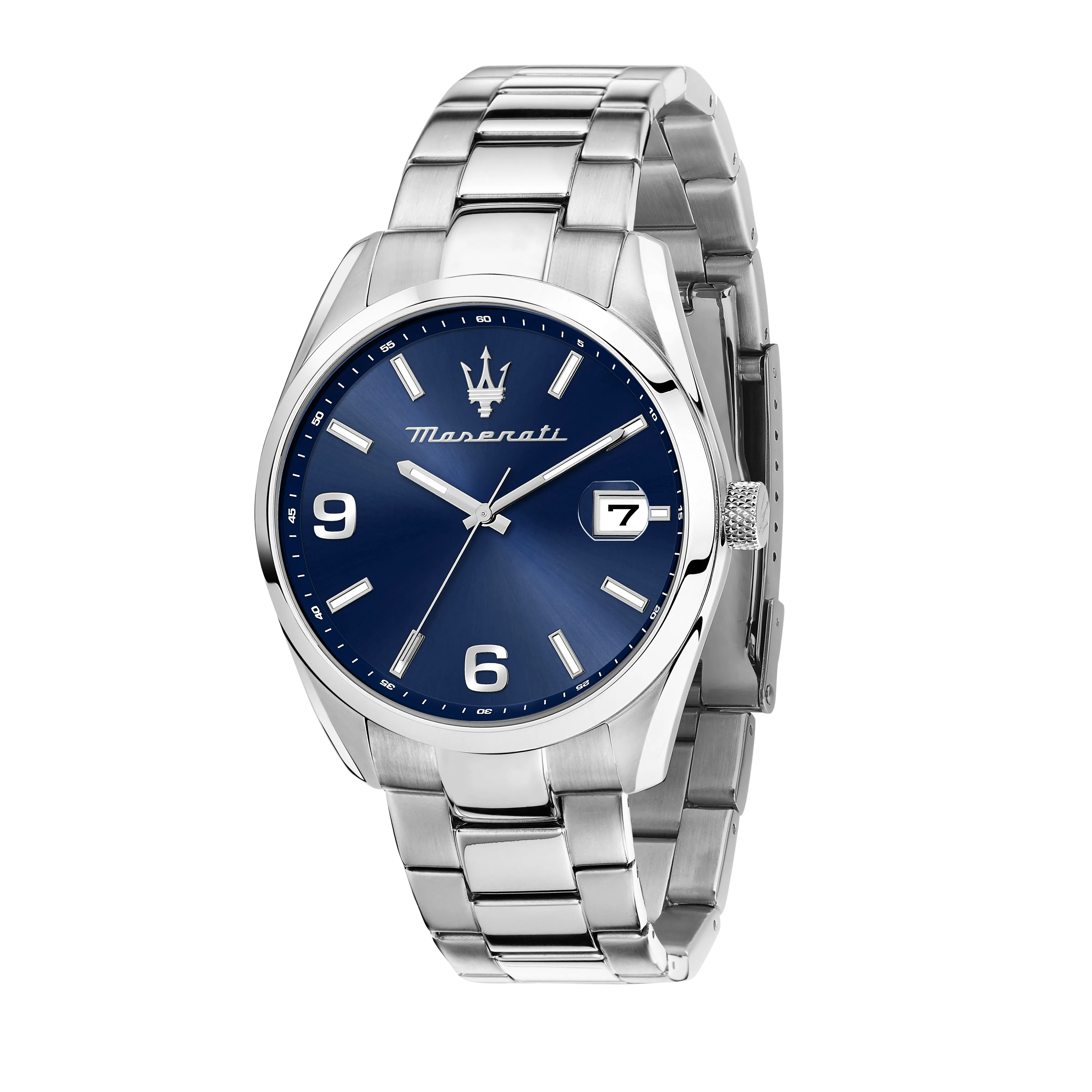Orologio Al Quarzo Maserati Attrazione R8853151013 Cassa Rotonda Acciaio Argentato 43 mm Quadrante Blu Cinturino Acciaio Argenta