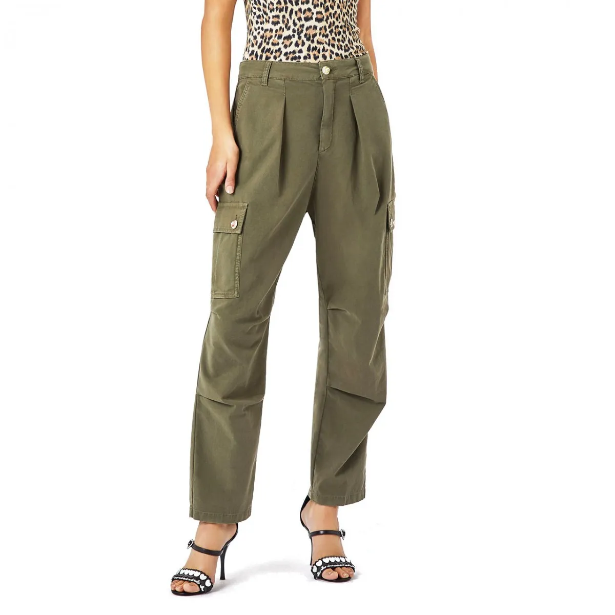 Pantalone Cargo con Ricami e Bottoni Gioiello, Verde