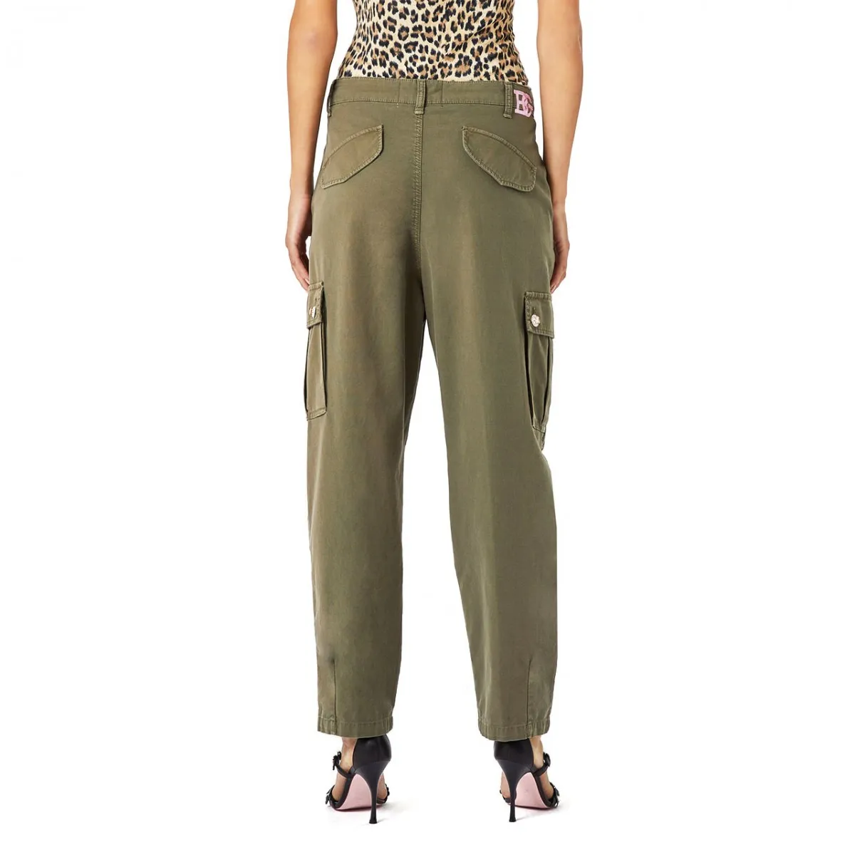 Pantalone Cargo con Ricami e Bottoni Gioiello, Verde