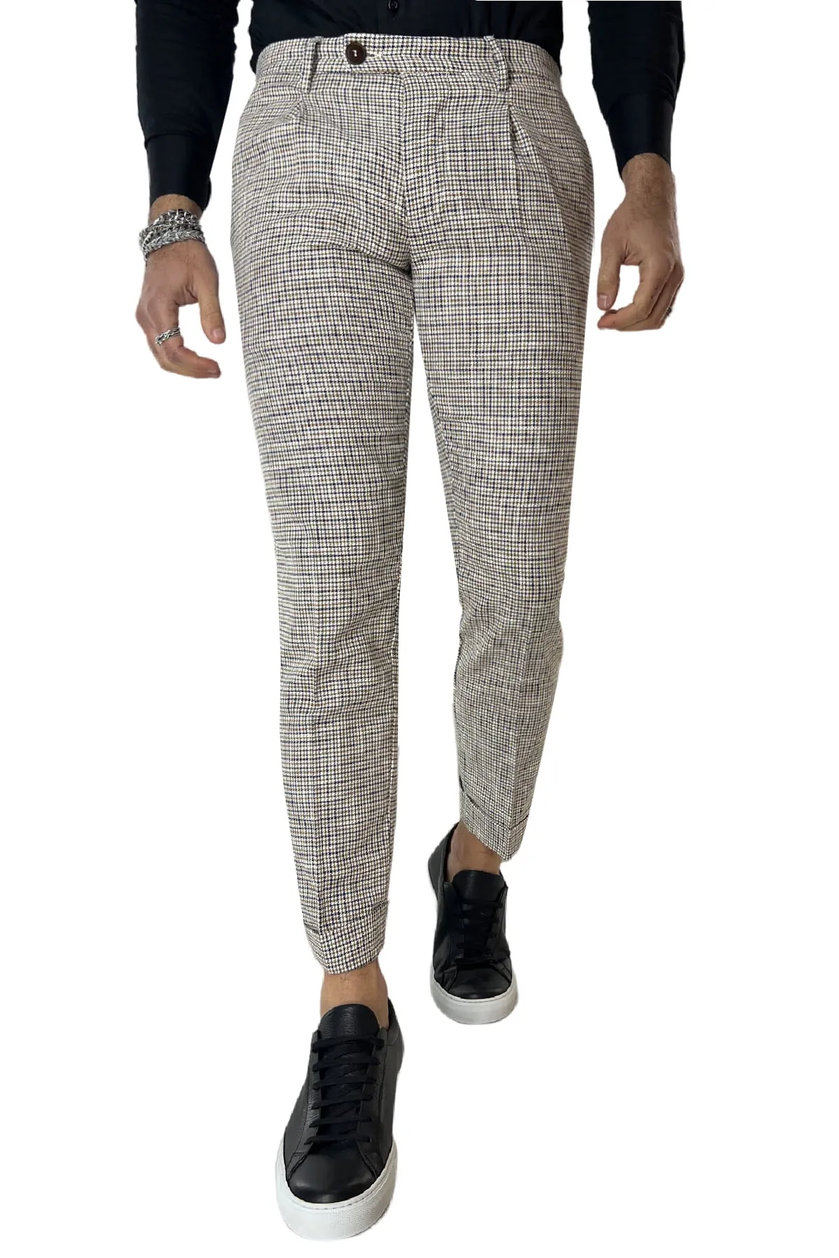 Pantalone uomo pied de poule bianco in misto lino tasca america una pence made in italy