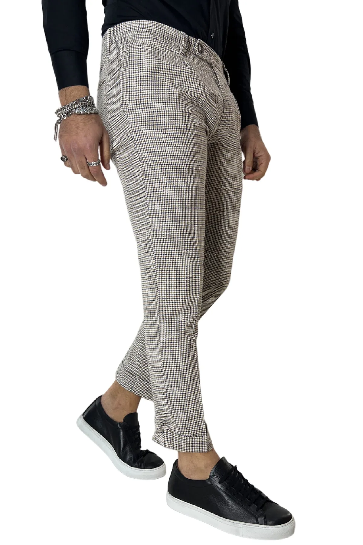 Pantalone uomo pied de poule bianco in misto lino tasca america una pence made in italy