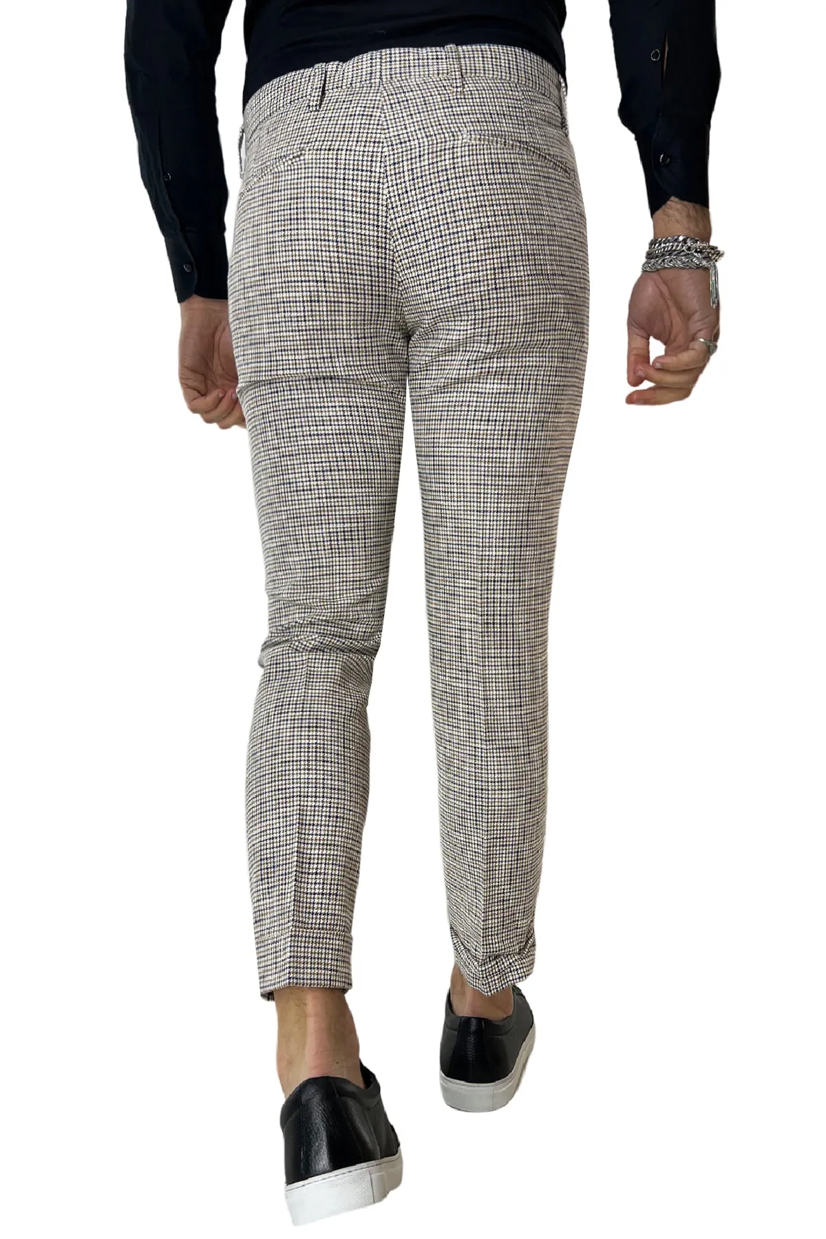 Pantalone uomo pied de poule bianco in misto lino tasca america una pence made in italy